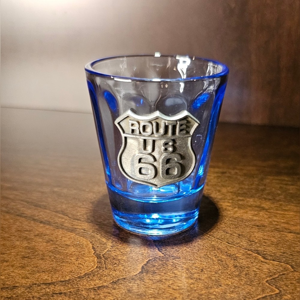 (1) Route 66 Blue Tinted Shot Glass w/ Pewter Emblem